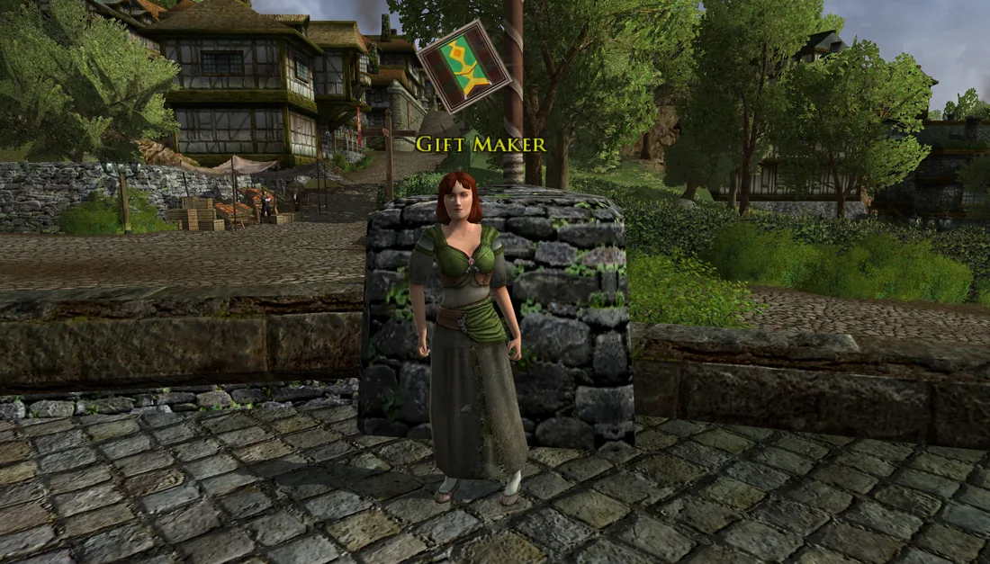 The Gift Maker, a woman in a green dress standing by a stone pillar near Bree-town's Town Hall