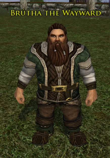 Brútha the Wayward, a red-bearded dwarf in a green and grey quilted jacket