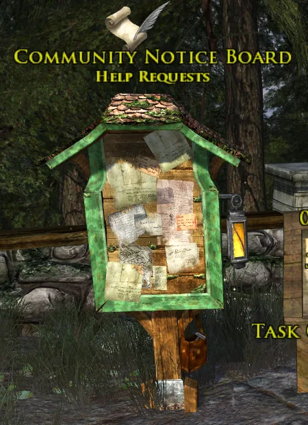A Community Notice Board: a small green-framed board covered in notes, labelled Help Requests