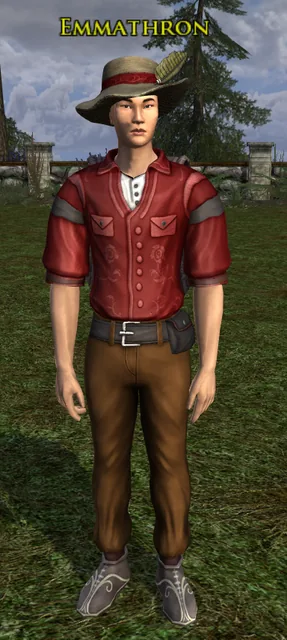 Emmathron in the Birding outfit: a wide straw hat with a feather, a red shirt and brown trousers