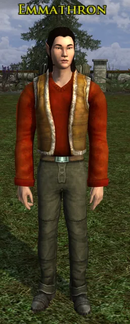 Emmathron in the Forester outfit: an orange shirt under a fur-trimmed leather vest