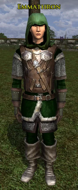 Emmathron in the Hunter outfit: a green hood, leather armour over chain mail and tall boots