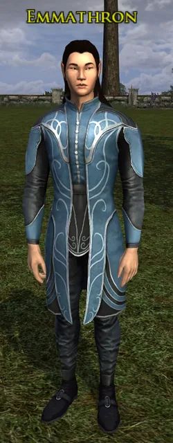 Emmathron, a dark-haired elf in a long blue coat with silver patterns