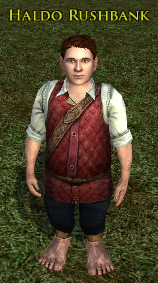 Haldo Rushbank, a hobbit in a quilted red waistcoat over a white shirt