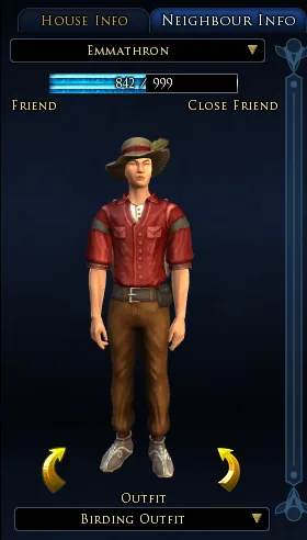 The Neighbour Info tab of the housing panel, showing Emmathron at Friend rank with 842 of 999 friendship towards Close Friend, and the outfit selector